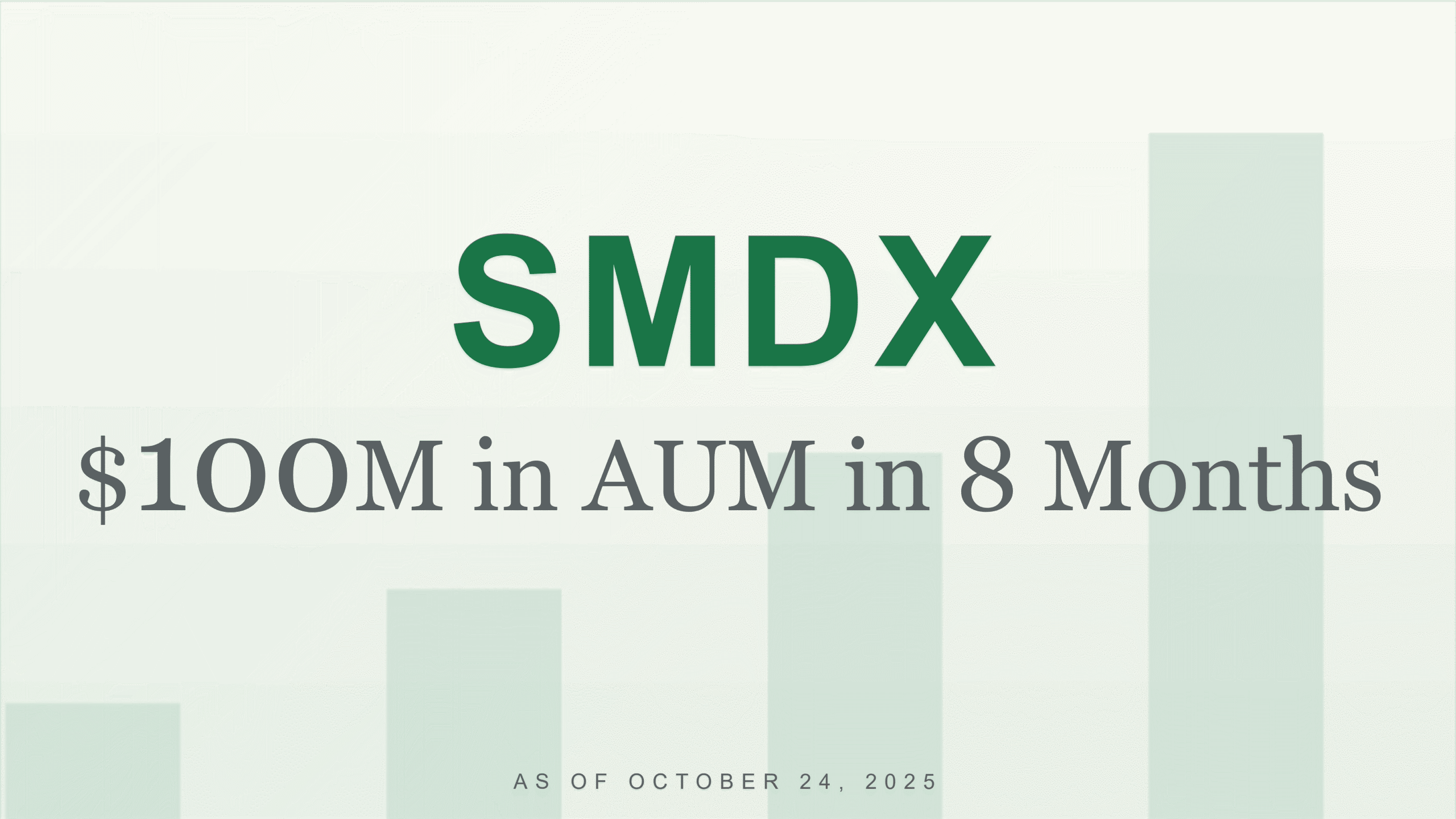 Graphic displaying rising bar elements and marking the milestone of the Intech S&P Small-Mid Cap Diversified Alpha ETF (SMDX) reaching $100M in AUM within eight months.