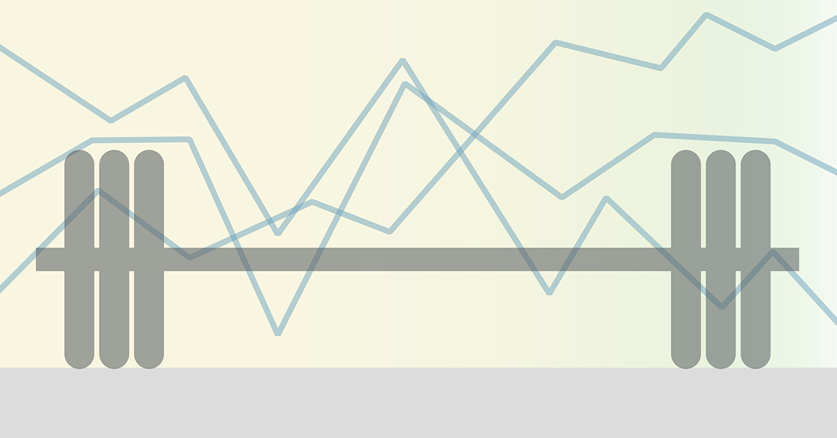 Abstract illustration of a balanced bar supported at both ends, overlaid with fluctuating market lines to represent stability through market volatility.