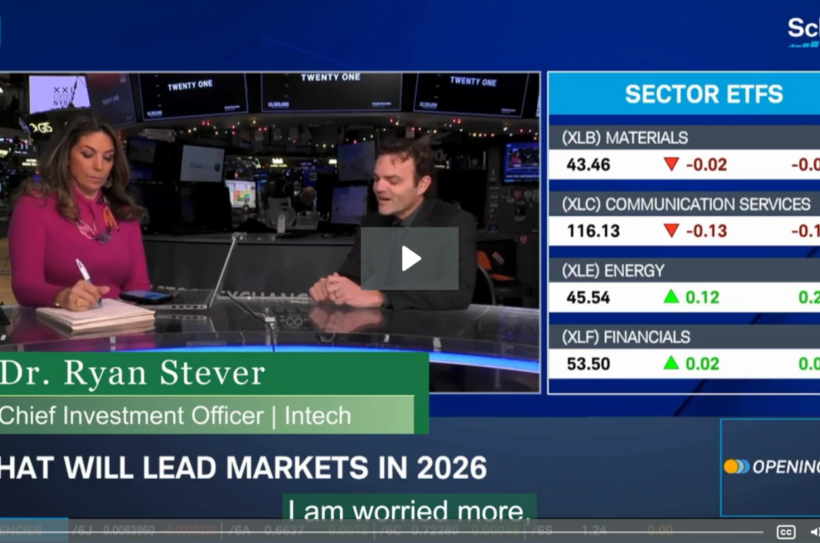 Screenshot from a live Schwab Network broadcast showing Dr. Ryan Stever, Chief Investment Officer at Intech, speaking with an anchor on the trading floor. A sidebar displays sector ETF prices, and a headline reads ‘What Will Lead Markets in 2026.’
