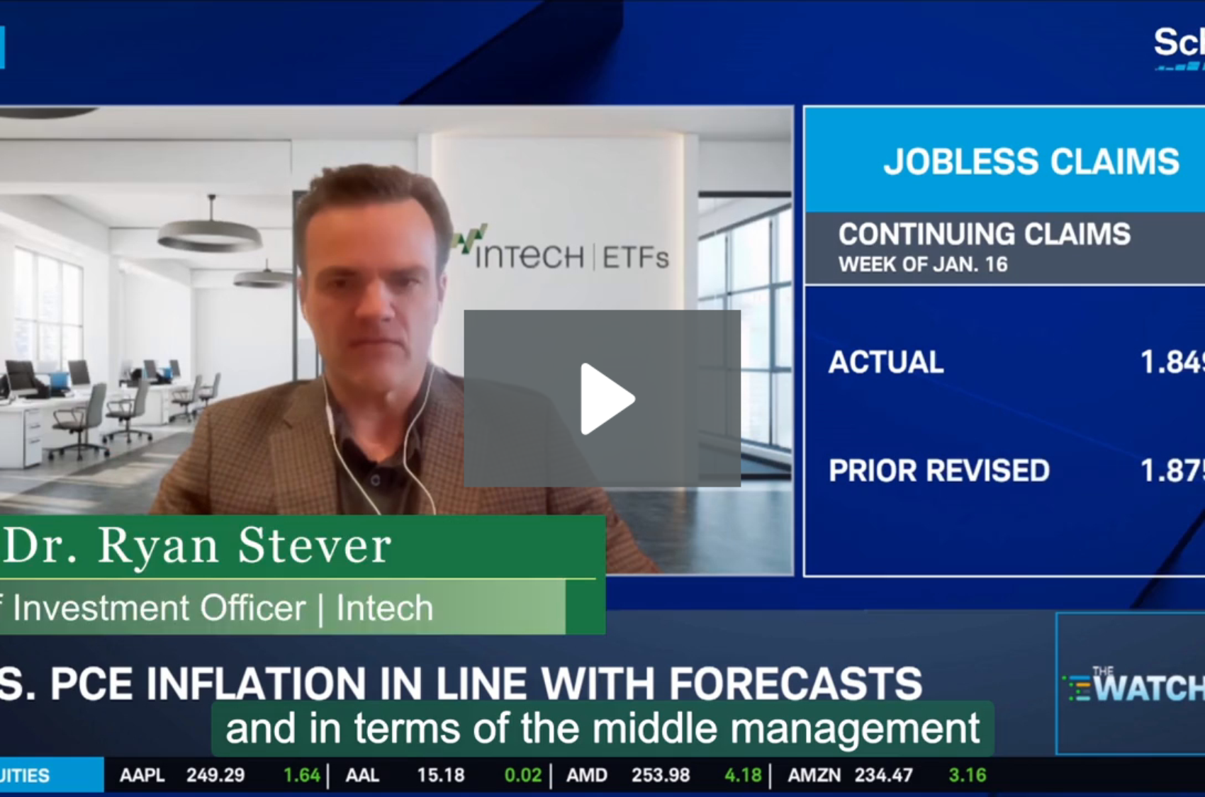 Live Schwab Network broadcast featuring Dr. Ryan Stever. A right-side panel titled “JOBLESS CLAIMS” shows Continuing Claims (Week of Jan. 16) with Actual 1.849M and Prior Revised 1.875M. Lower-third text reads “U.S. PCE INFLATION IN LINE WITH FORECASTS,” with market ticker data at the bottom.