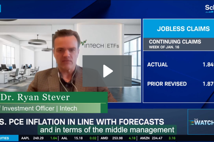 Live Schwab Network broadcast featuring Dr. Ryan Stever. A right-side panel titled “JOBLESS CLAIMS” shows Continuing Claims (Week of Jan. 16) with Actual 1.849M and Prior Revised 1.875M. Lower-third text reads “U.S. PCE INFLATION IN LINE WITH FORECASTS,” with market ticker data at the bottom.