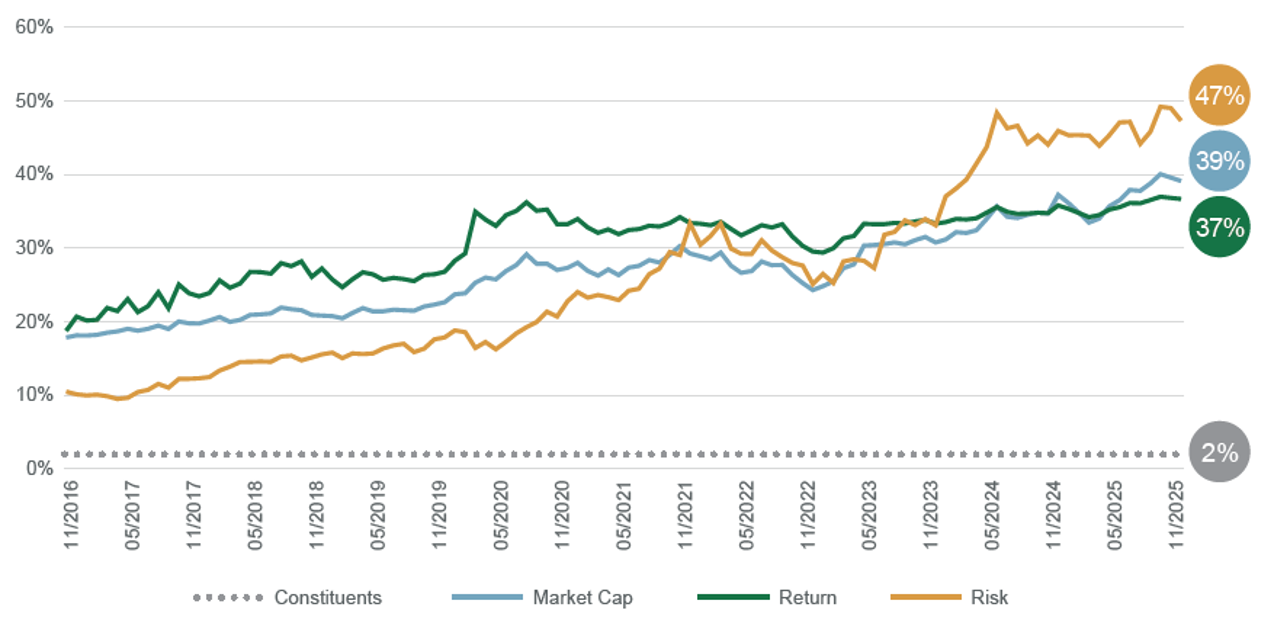 Line chart (2016–2025) showing rising concentration metrics: risk increases from about 10% to 47%, market cap from roughly 18% to 39%, and return from about 20% to 37%, while constituents remain near 2%.