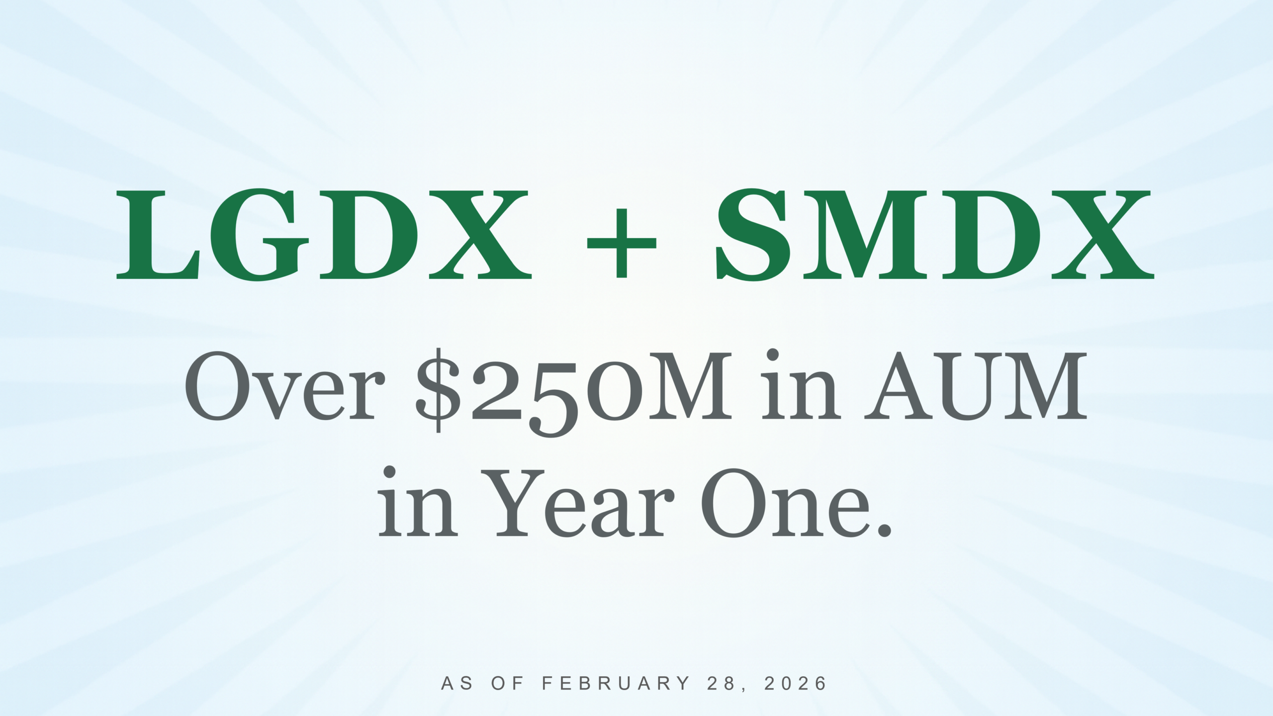 Graphic with a light blue radial background displaying the text: “LGDX + SMDX” in large green letters and “Over $250M in AUM in Year One.” in gray text beneath. A small footer reads, “As of February 28, 2026.”