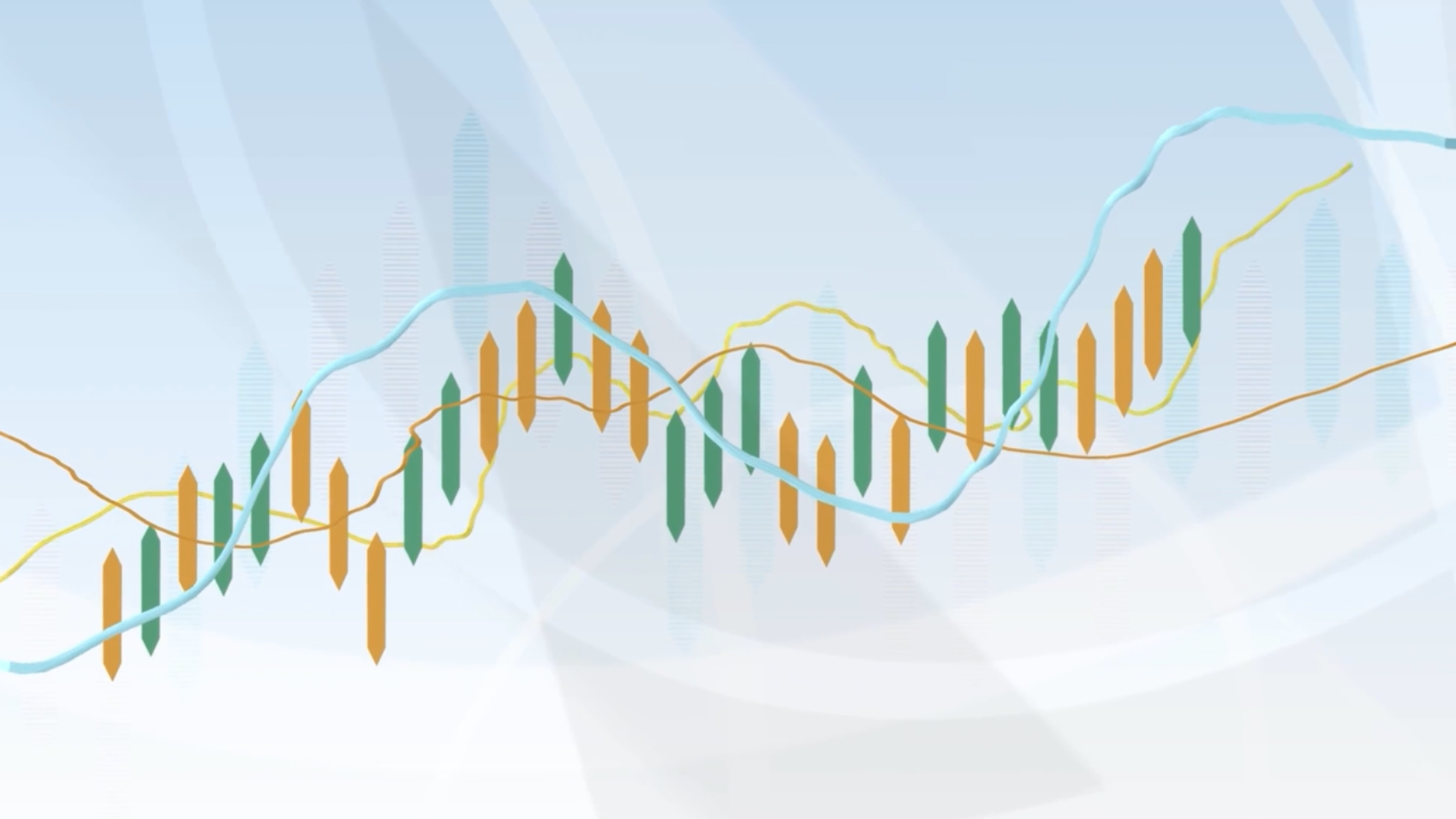 Abstract financial chart with green and orange candlestick bars and multiple trend lines moving upward across the image, illustrating market volatility and price movement over time.
