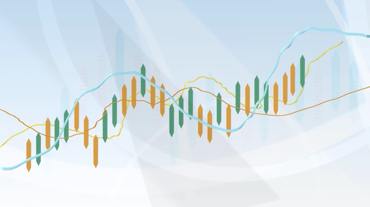 Abstract financial chart with green and orange candlestick bars and multiple trend lines moving upward across the image, illustrating market volatility and price movement over time.